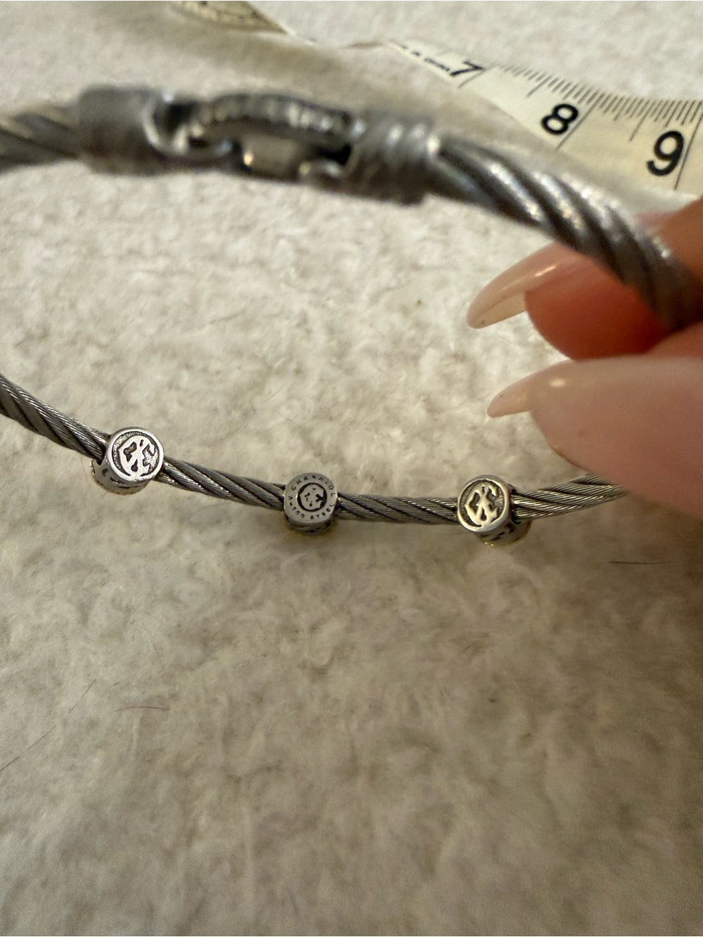 Charriol 3 Station Steel Cable Bangle Bracelet with Faceted White Topaz - Picture 3 of 7